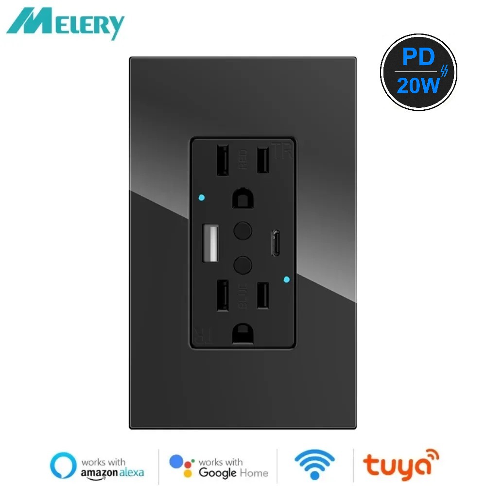 Melery Tuya Wifi Wall Socket USB TypeC Charge Receptacle Alexa Google Home Smart