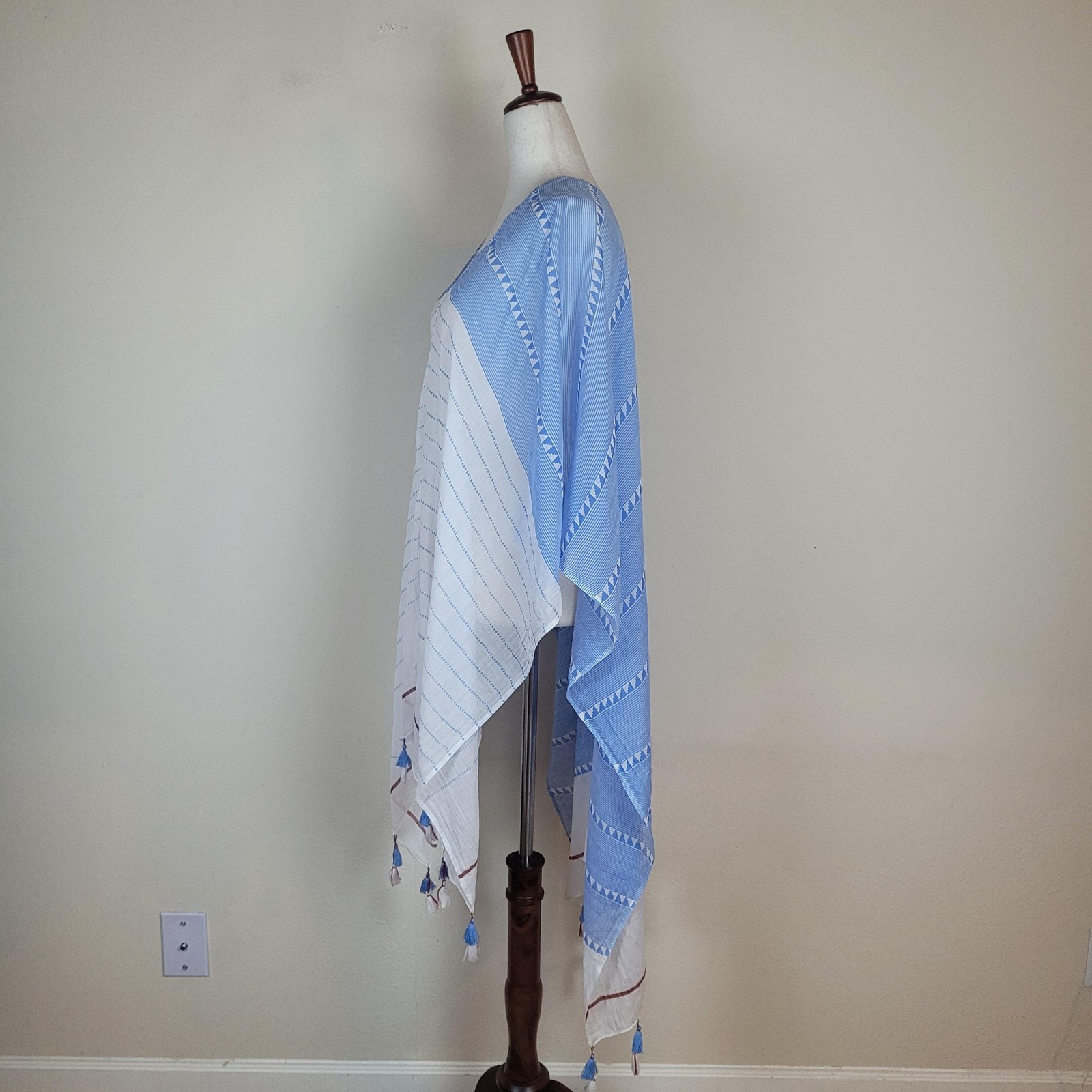Mersea Coverup OS Blue White Striped Tassel Kaftan Beach Boho Vacation Sheer