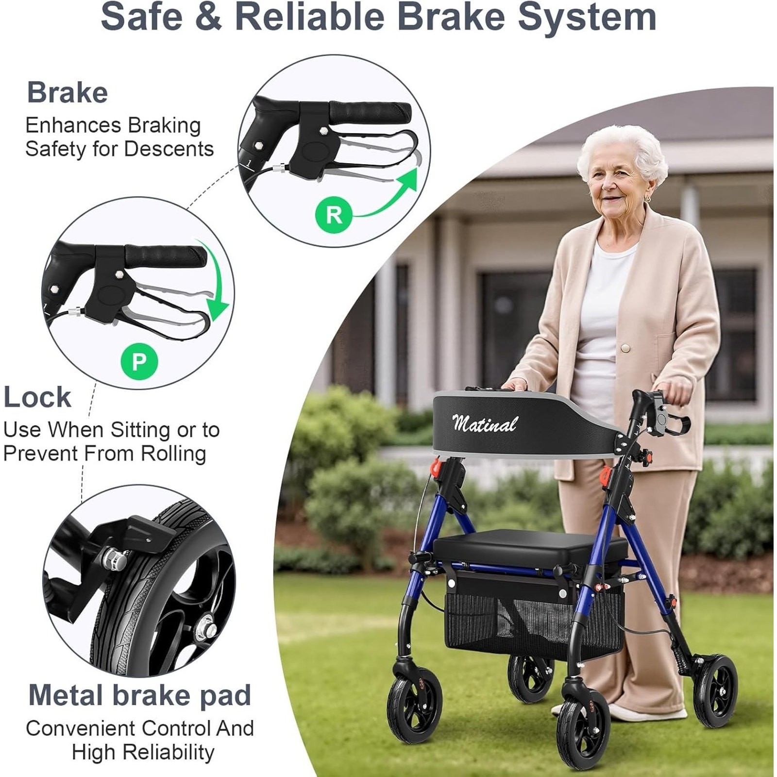 Matinal Rollator Walker Seat Adjustable Storage Bag Blue 8" Wheels