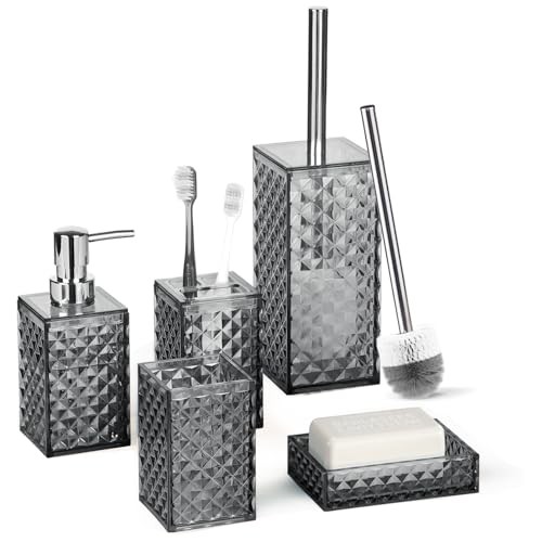 Bathroom Accessory Set, Grid Pattern 5 Pcs Plastic Bathroom Set 5 Pack Grey