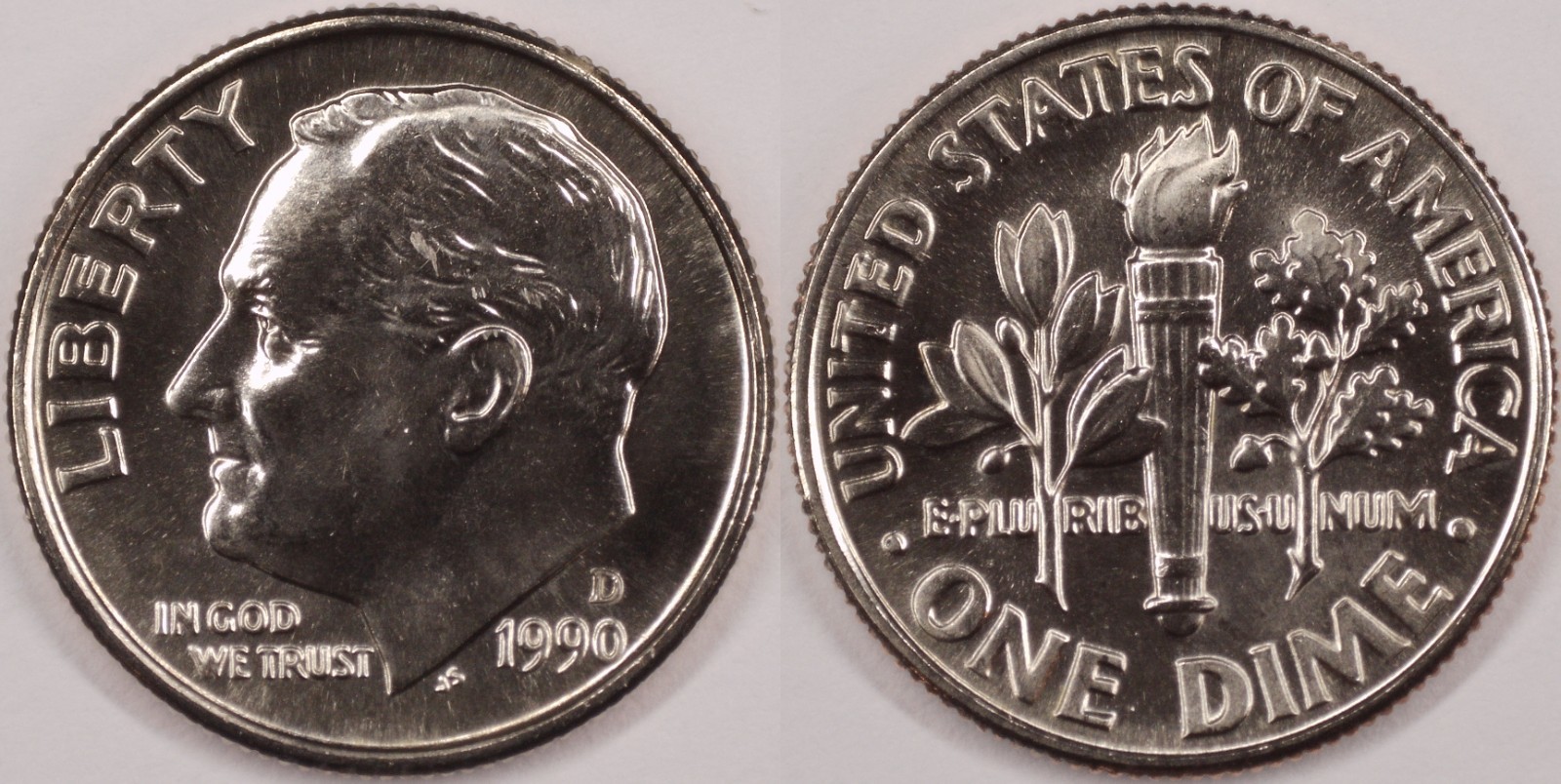 United States 1990 D 10 Cents Roosevelt Dime KM#195a Clad Torch Olive Oak Branch