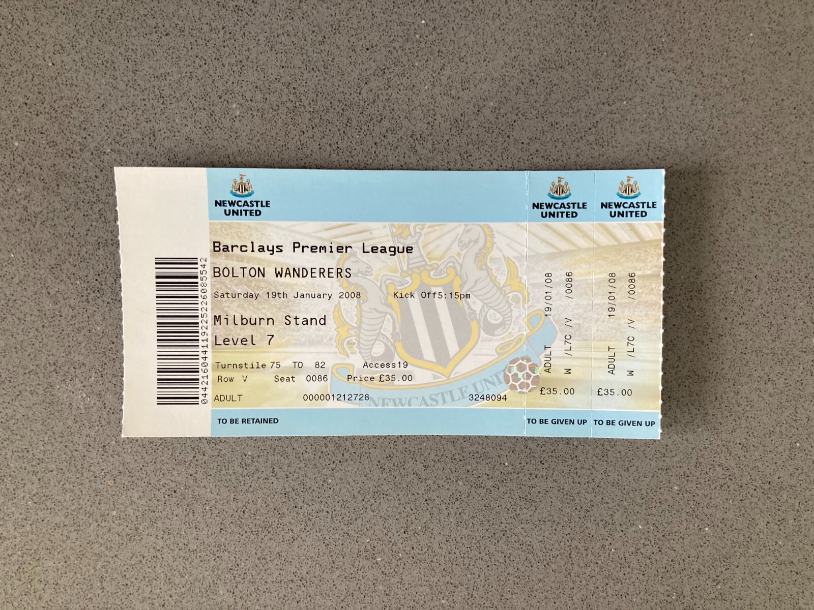 Newcastle United v Bolton Wanderers 2007-08 Match Ticket