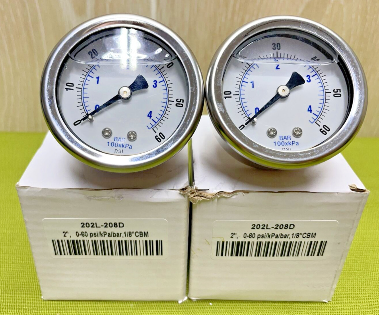 [Lot of 2] Pic Gauges 202L-208D Pressure Gauge, 0-60 Psi/kPa/bar, 1/8" CBM