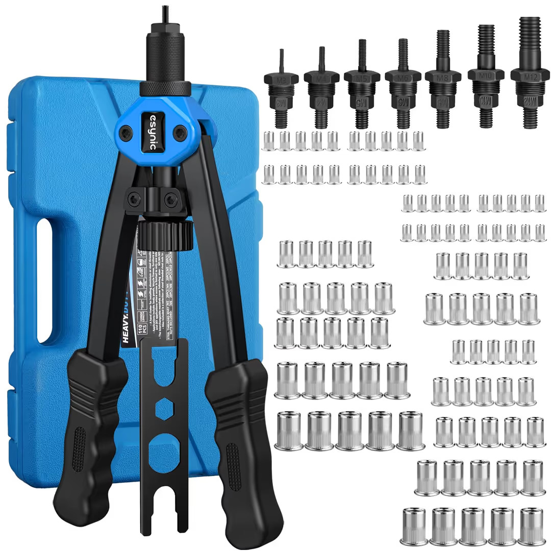 eSynic 13 Inch Rivnut Tool Kit with Hand Riveter and 110 Rivet Nuts – Black