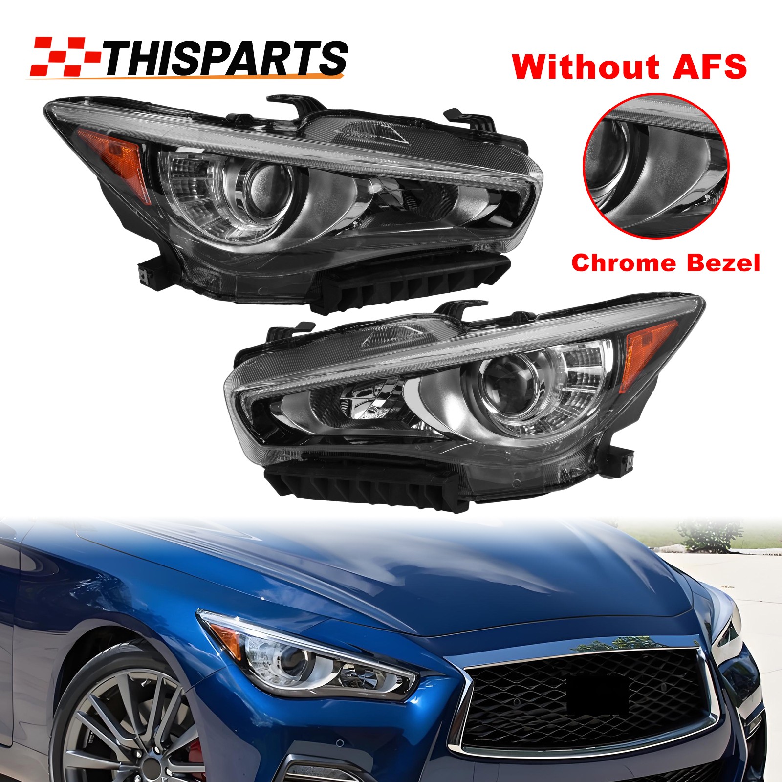 For 2014-2022 INFINITI Q50 w/o AFS Chrome LED DRL Projector Headlight Left Right