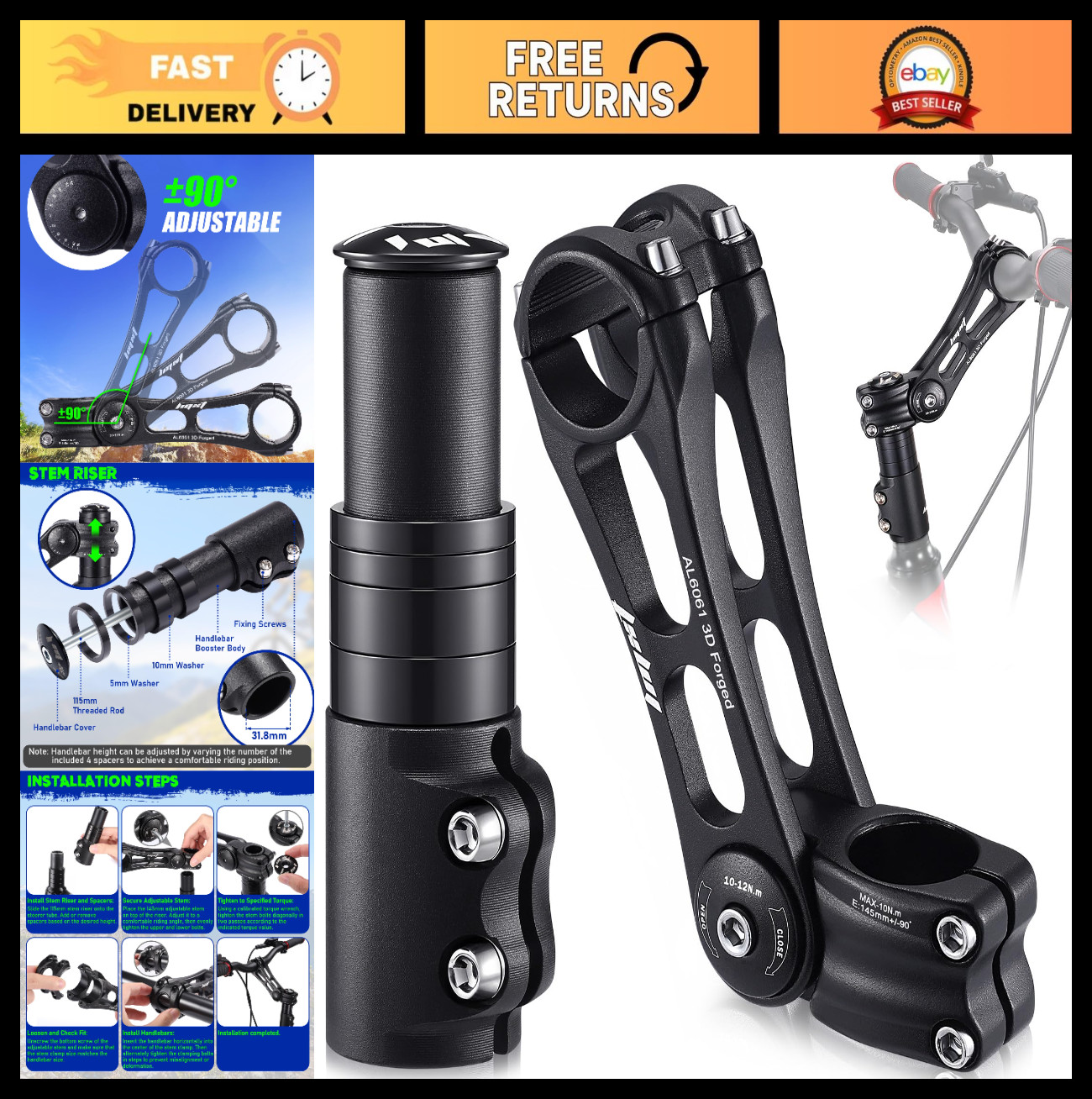 Adjustable Bike Stem Riser 31.8mm - ±90° Angle Adjustment for MTB, E-Bike, BMX