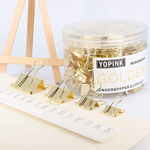 Binder Clip Paper Clamps, Assorted Sizes (Mini, Small, Medium, Large), 100 Gold