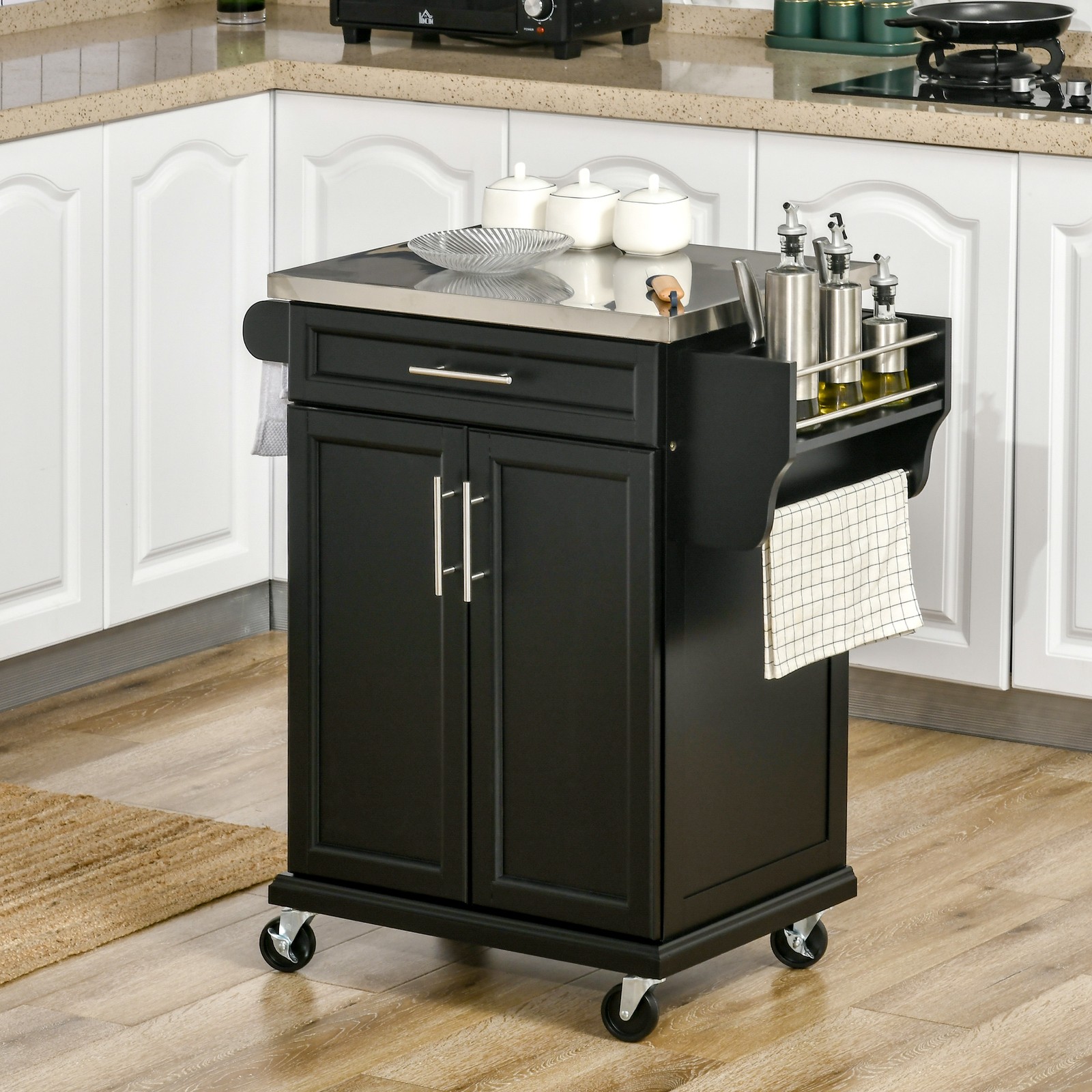 Rolling Kitchen Island on Wheels with Drawer, Spice Rack, Black
