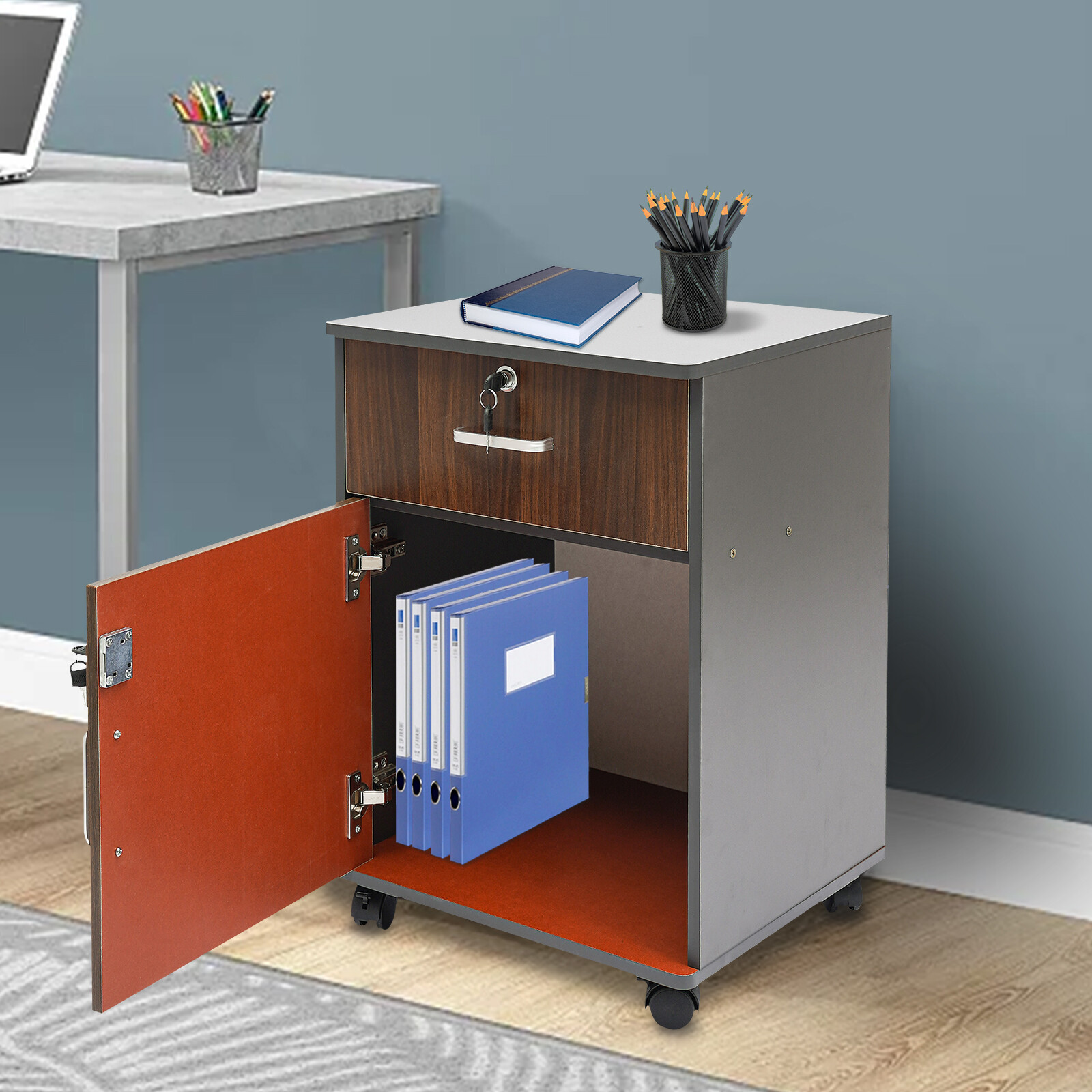 2 Tier Mobile File Cabinet, Under Desk Metal Filing Cabinet with Lock & 1-Drawer
