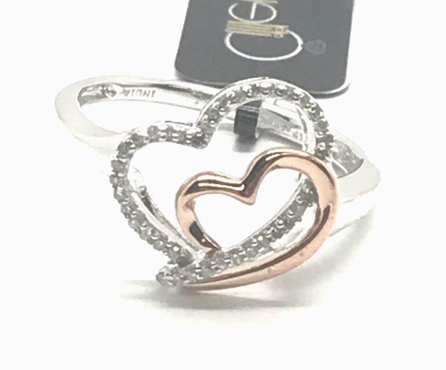 Sterling Silver Two Tone Diamond Pave Double Heart Swirl Love Cocktail Ring Sz 8