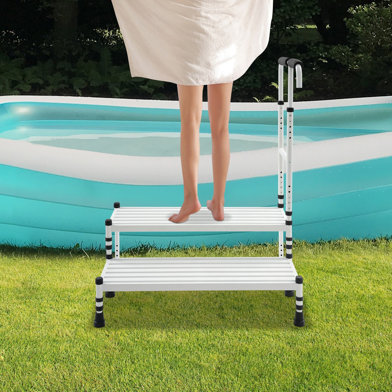 2 Steps Stool with Handle, Adult Ramp with Handrail, Metal Stepping Stool