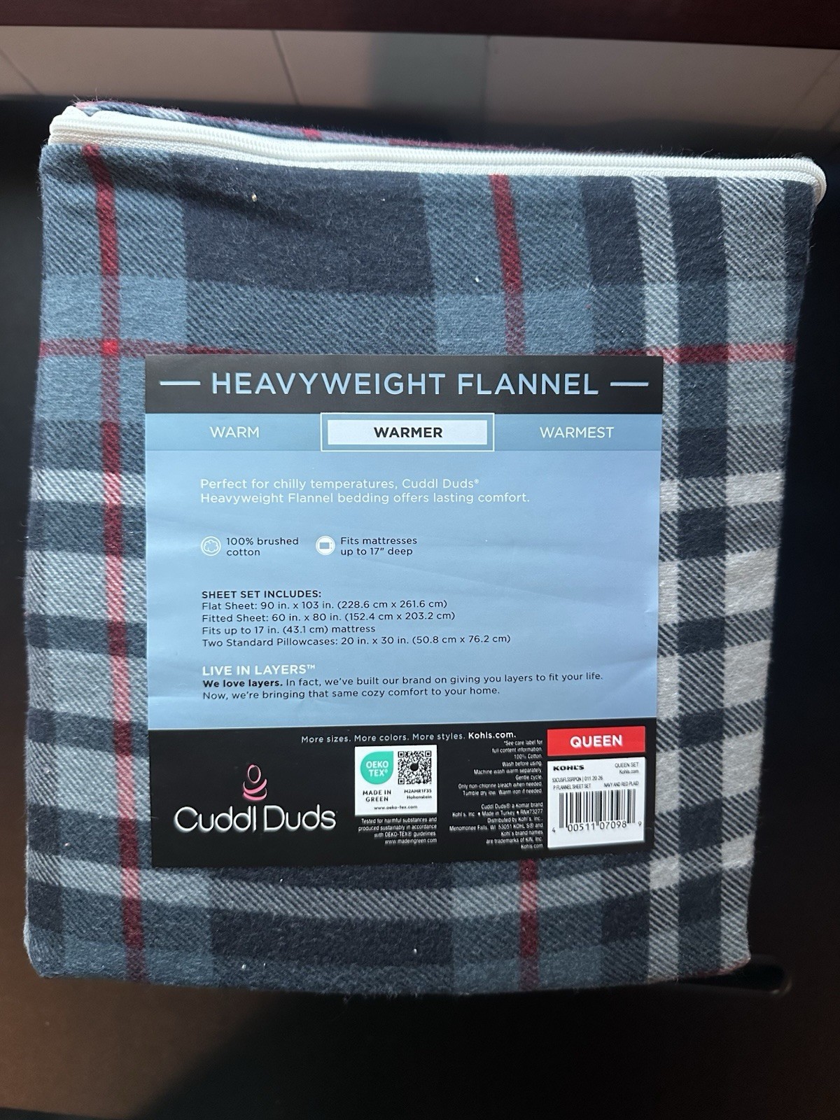 Cuddl Duds Heavyweight Flannel Sheet Set, Plaid 4pc, Sz Q or K, Brand New