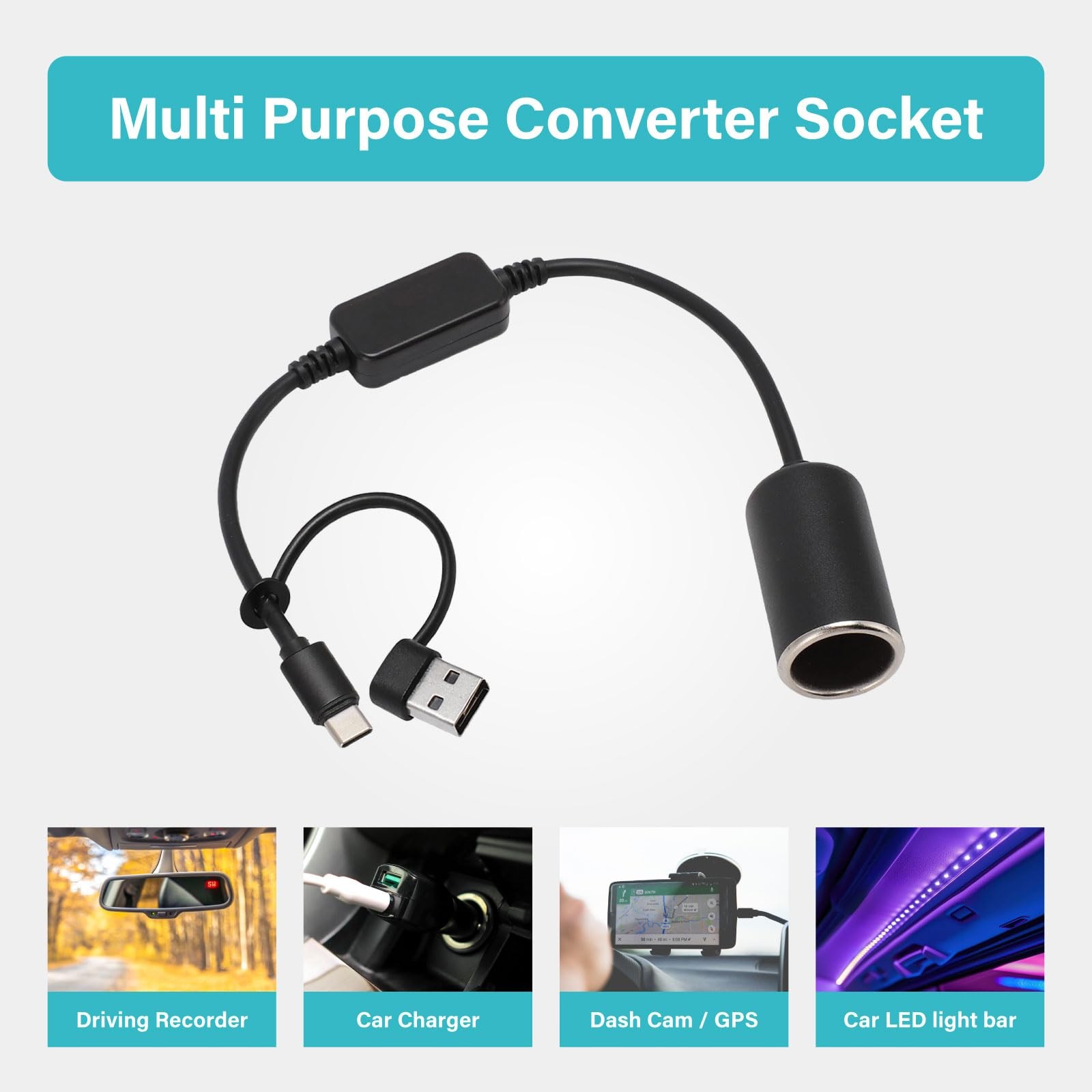 PERNIS USB to Cigarette Lighter Adapter, 35cm Cable, A & C Input black