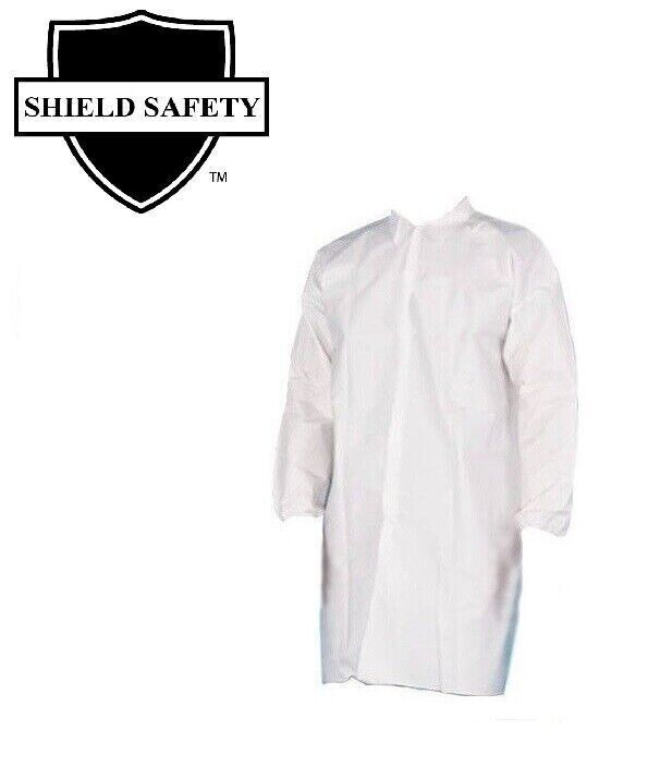 50 Pieces Polypropylene 30G Lab Coats, White, Elastic Wrists, 4 Snaps - Medium