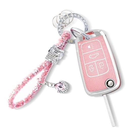 Key Fob Cover with Bling Keychain Fit for Chevy Flip Key, Car 4 Buttons S-pink