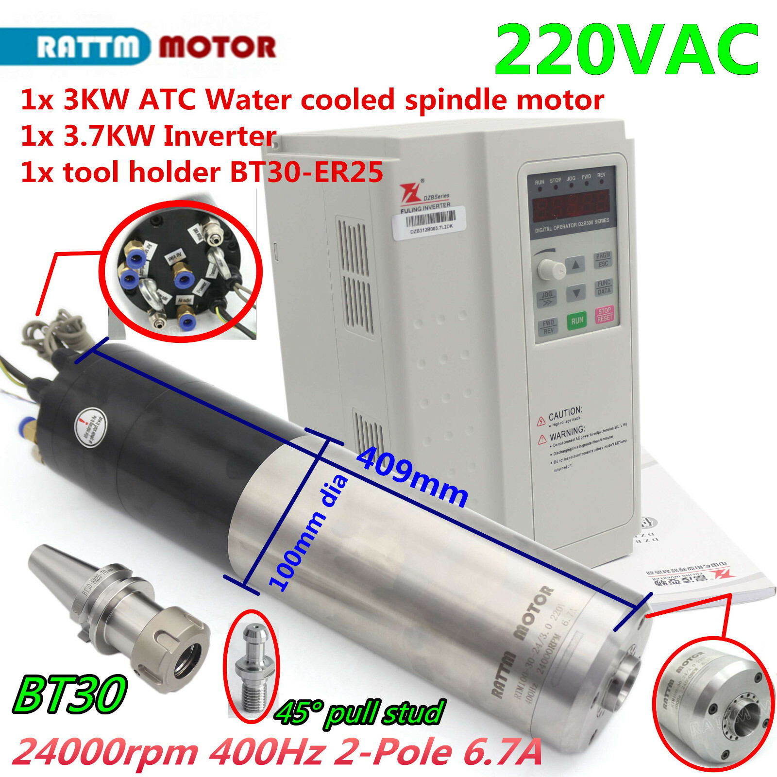 3KW BT30 ATC Spindle Motor,24000rpm 400Hz,220V Water Cooled w/ 3.7KW VFD for CNC