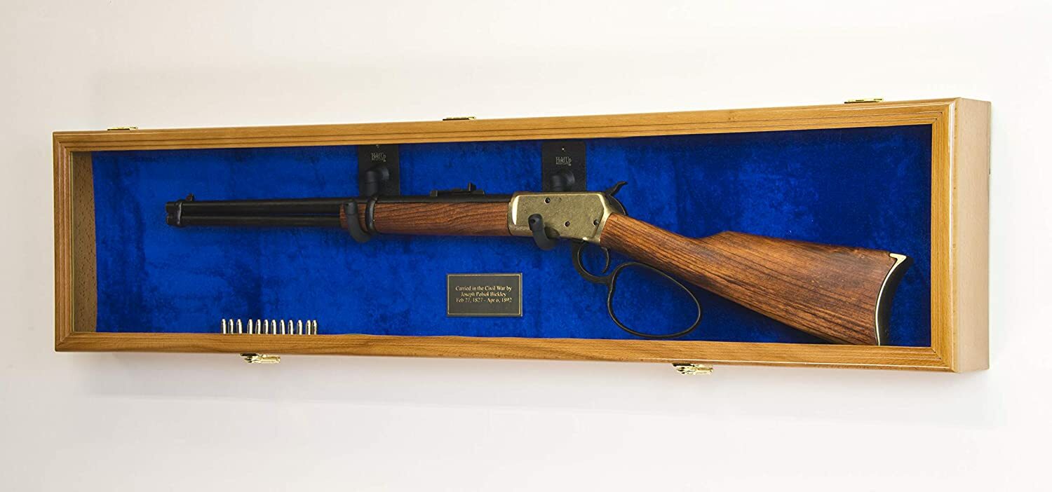 Gun Display Case Cabinet Rifle Oak Blue Solid Wood Shotgun Frame Shadow Box 44"