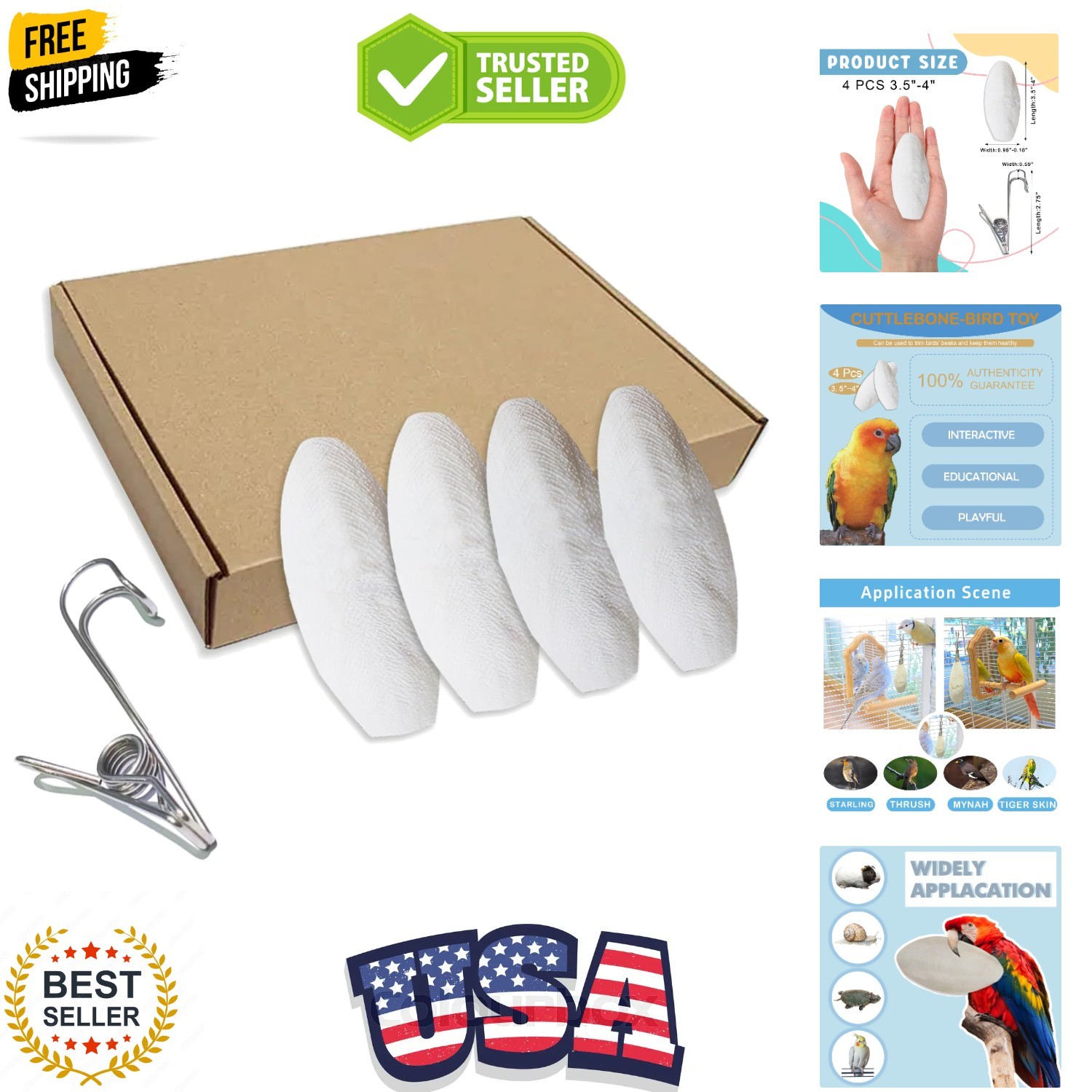 3.5"-4" Cuttlebone for Birds Parakeets, Cuddle Bone with Metal Clip, Cuttlefi...