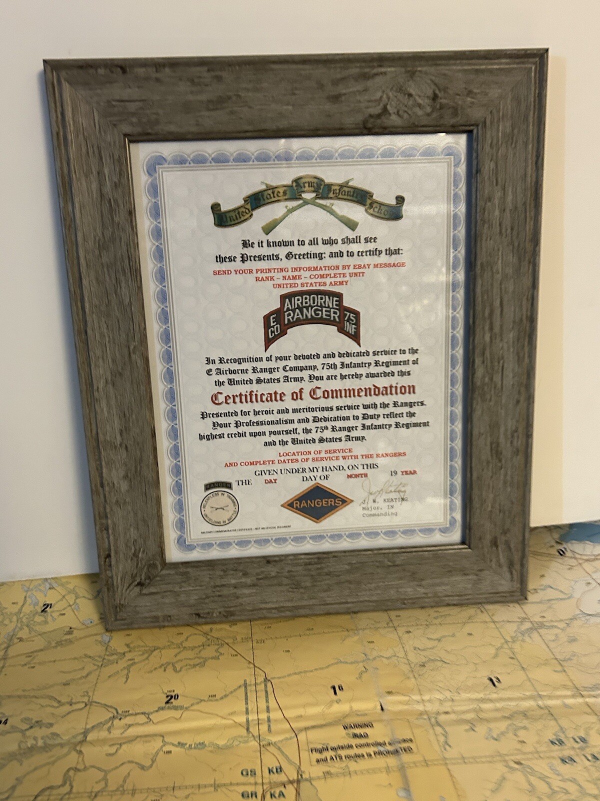 U.S. ARMY RANGER - E CO / 75 INFANTRY COMMENDATION CERTIFICATE (COMMEMORATIVE)