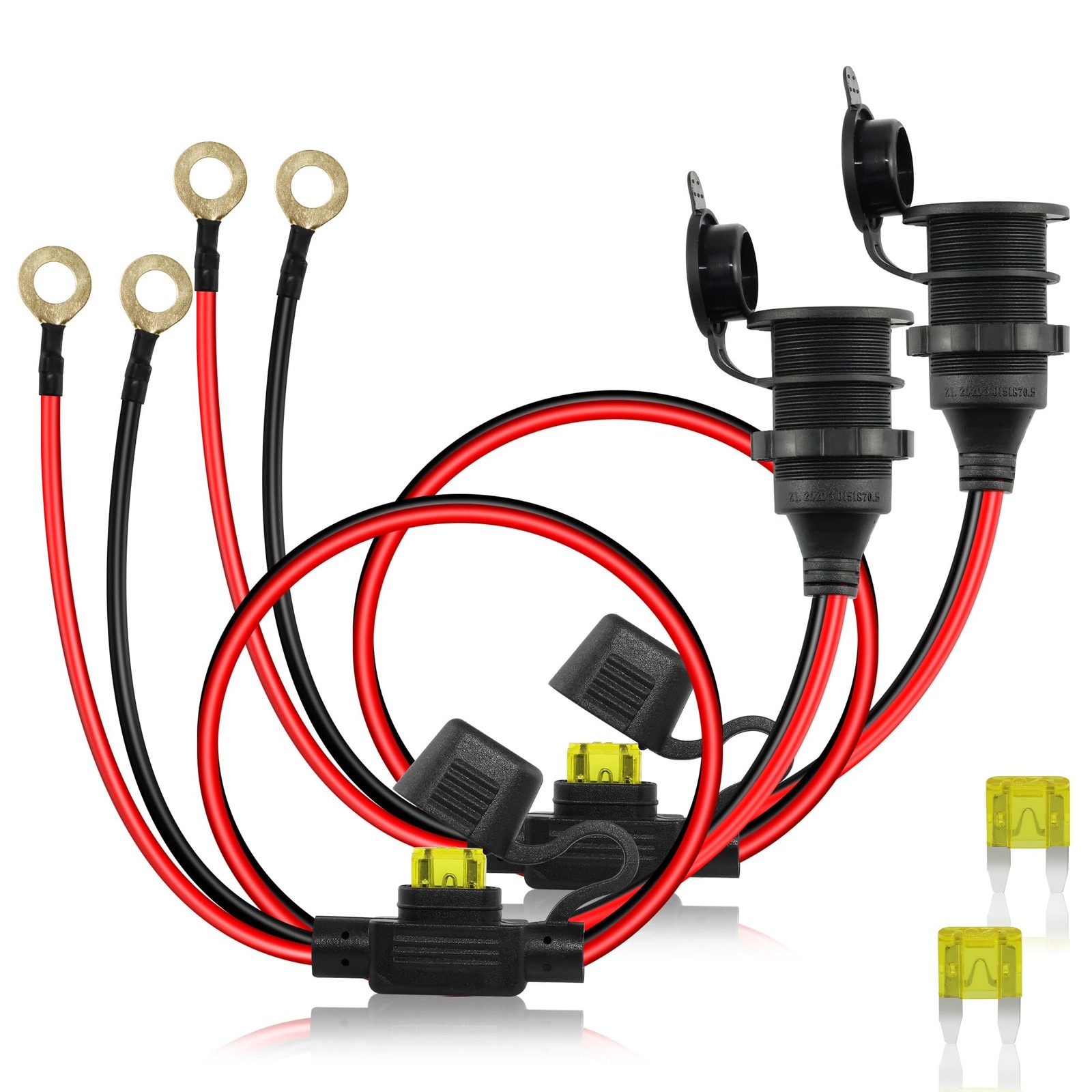 2V 24V Cigarette Lighter Socket to Ring Terminal Cable 14AWG 20A Waterproof