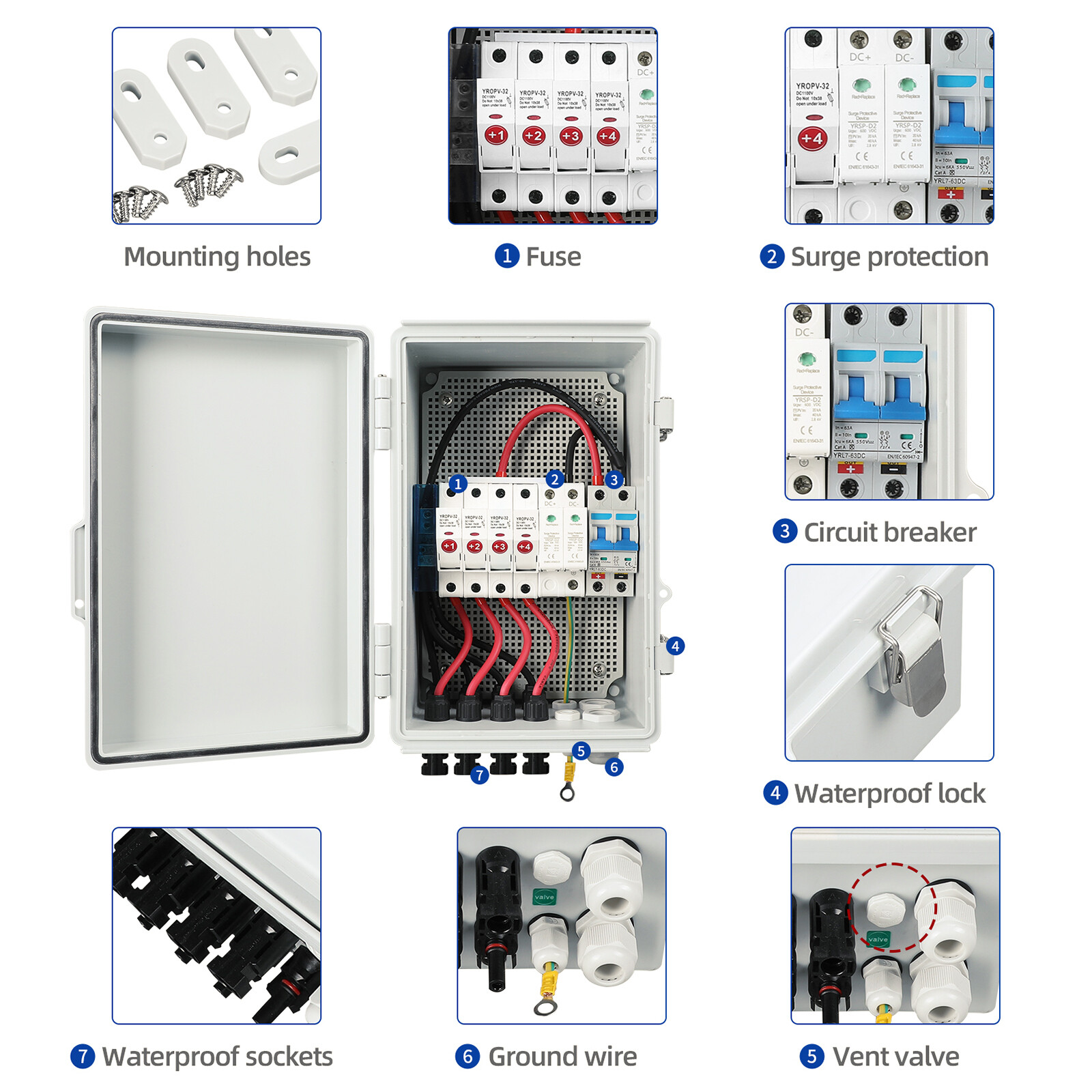 Solar Combiner Box PV Combiner Circuit Breaker 63A For Solar Panel Kit 4 String