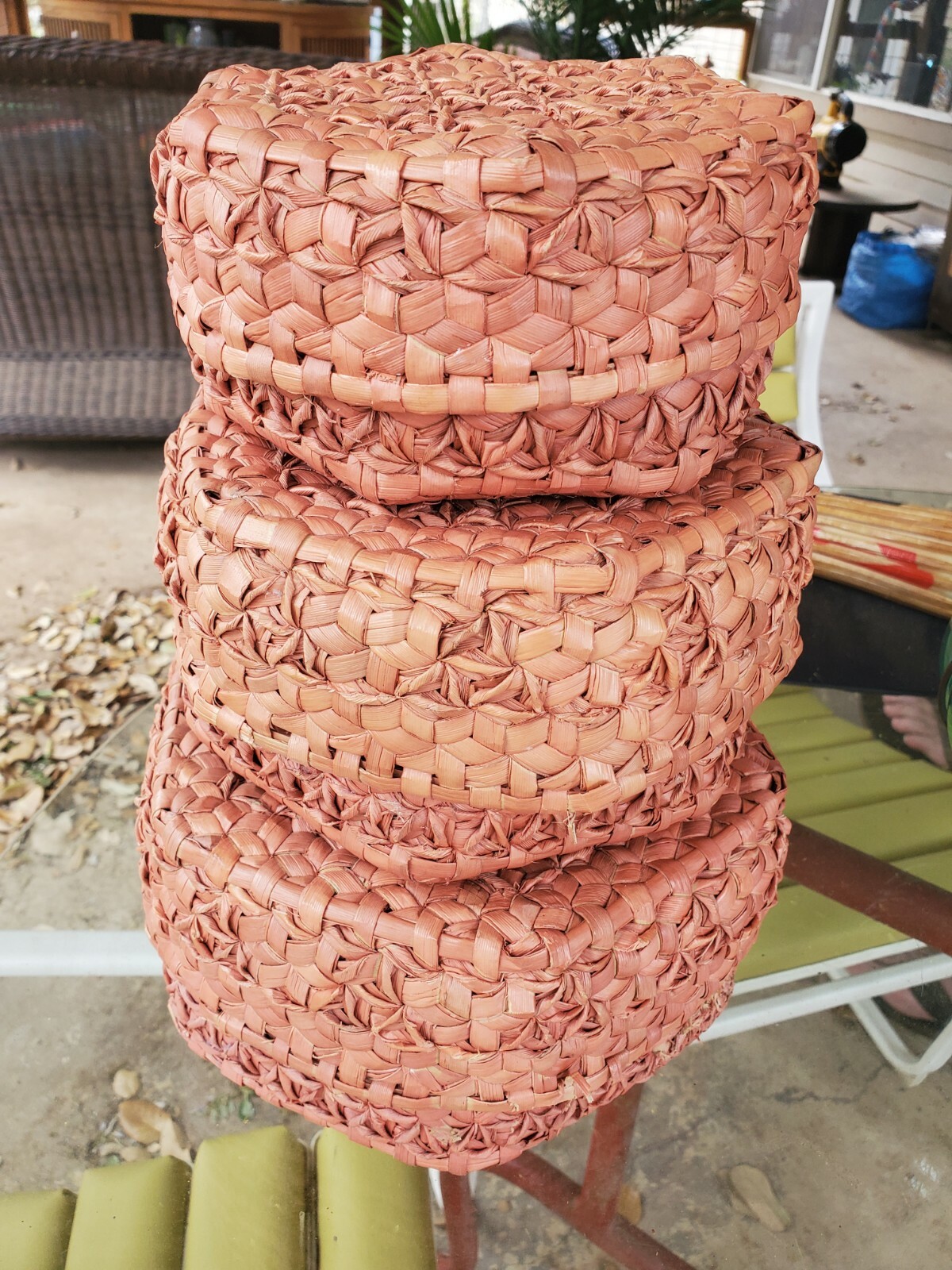 Vintage Nesting Baskets With Lids Set of 3 BOHO Chic Woven pink wicker