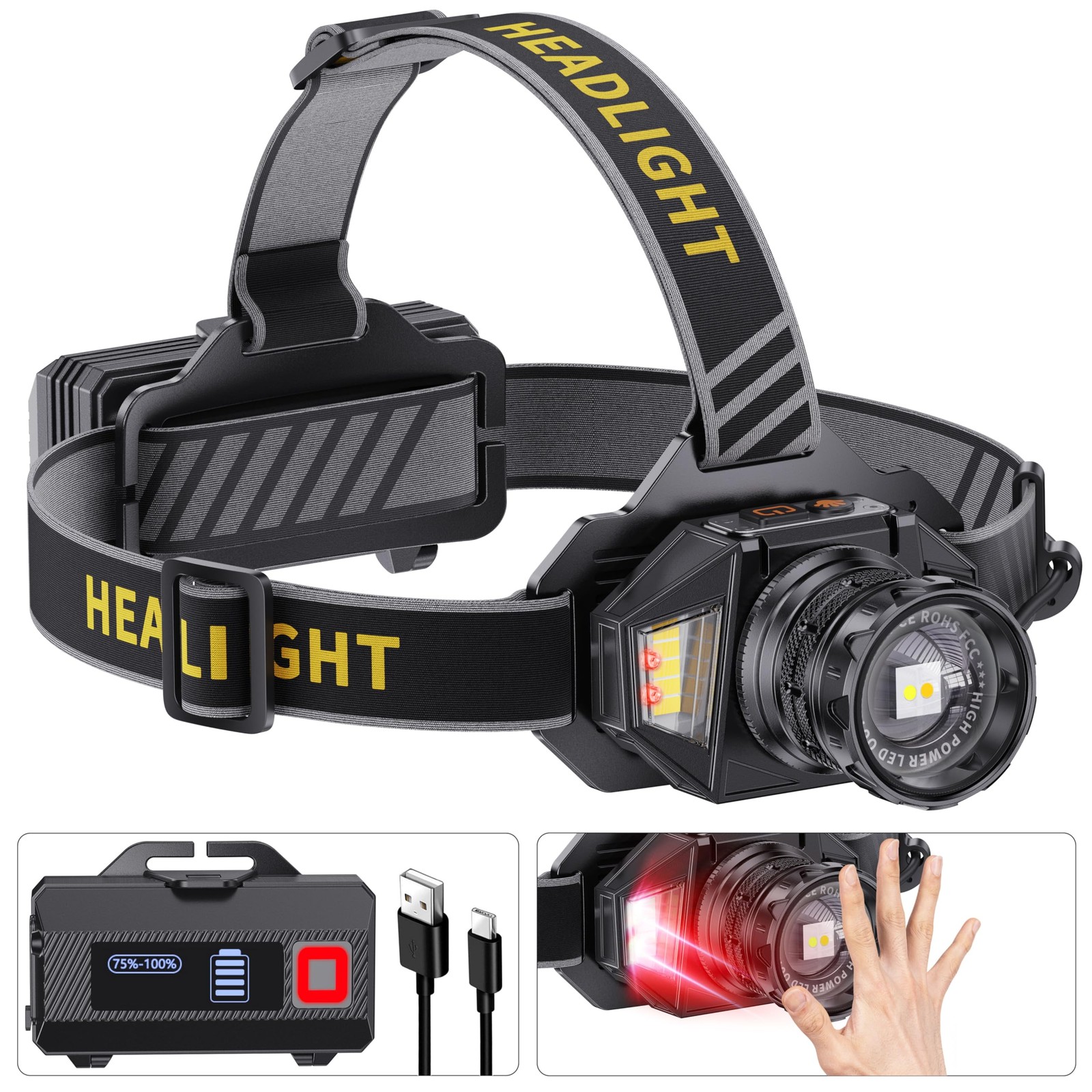 LED Headlamp Rechargeable, 99000 Super Bright White/Red/Warm Light Head Lamp ...
