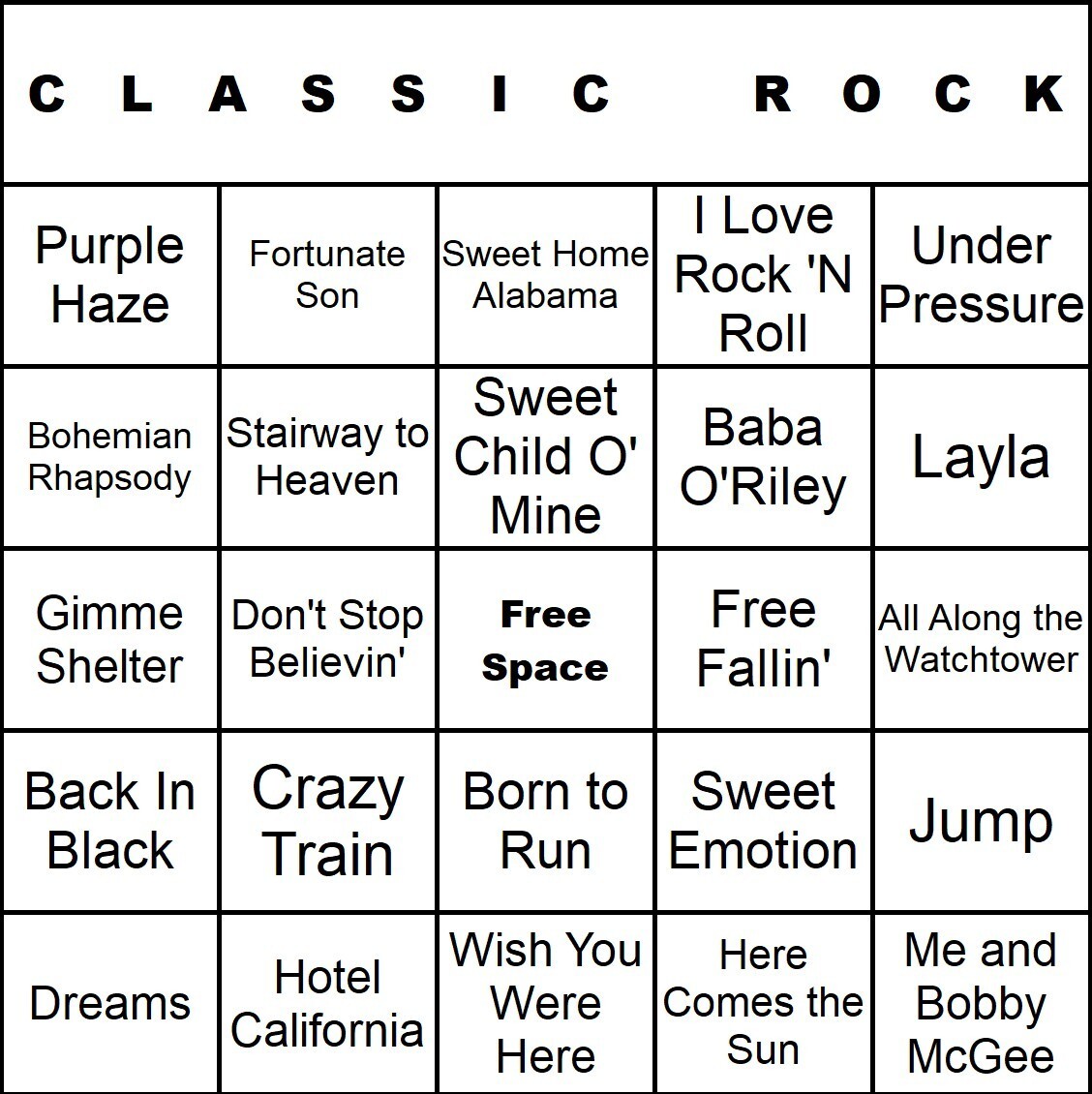 Classic Rock 150 Music Bingo Cards Printed And Laminated With Playlists