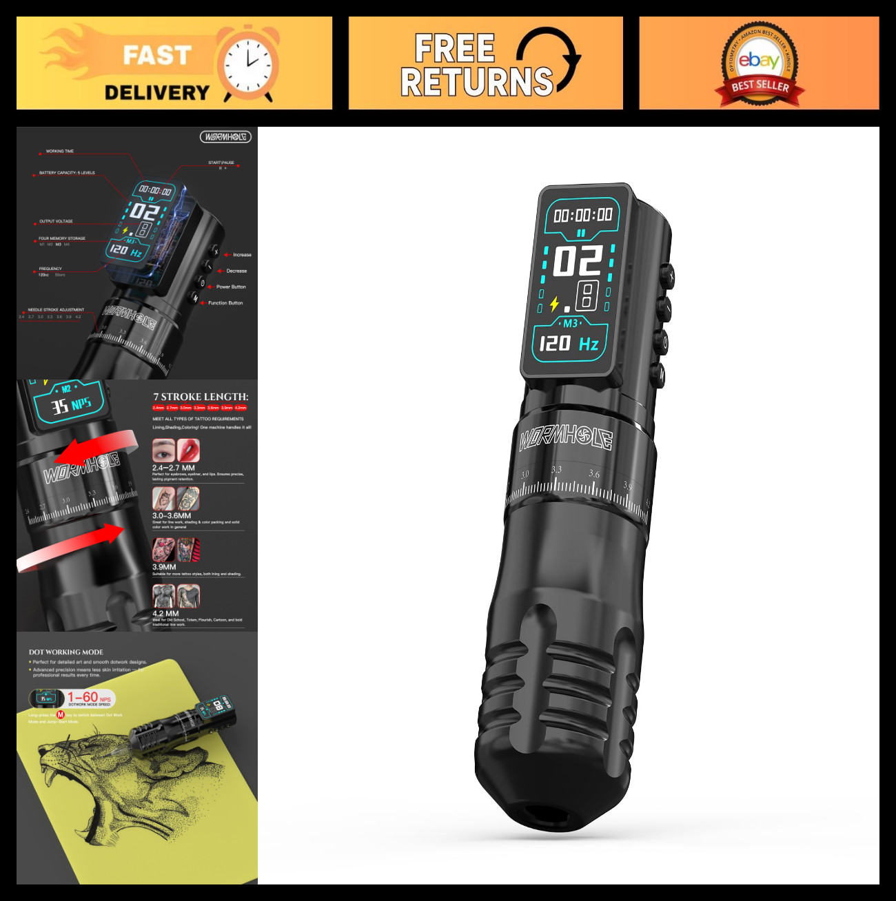 2300mAh Wireless Tattoo Gun with 7 Adjustable Strokes, Lightweight Rotary Pen, P
