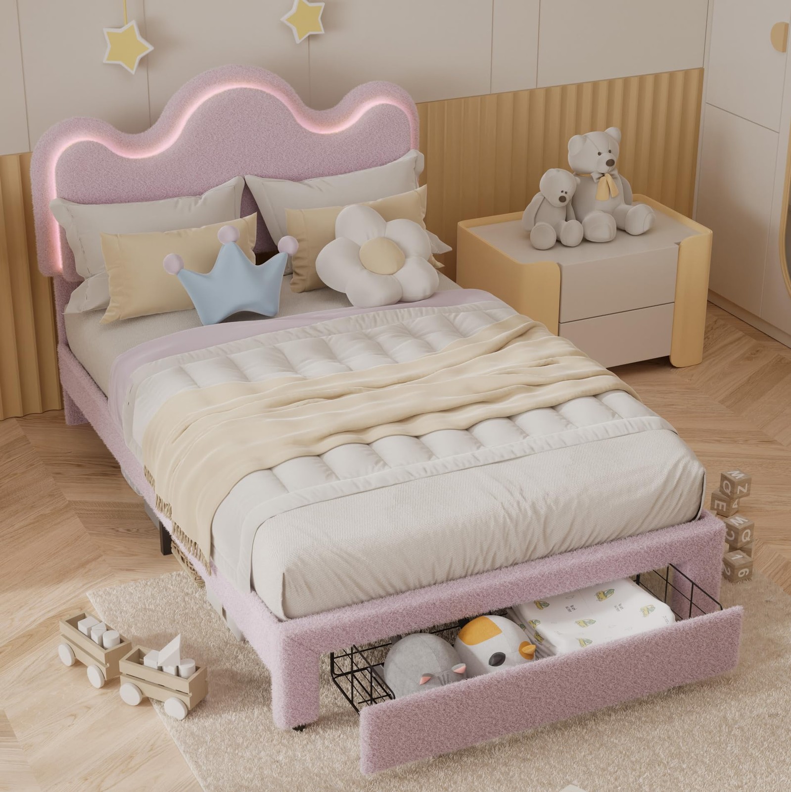 Twin Size Bed Frame with Flower Headboard Upholstered LED Platform Bed & Drawer