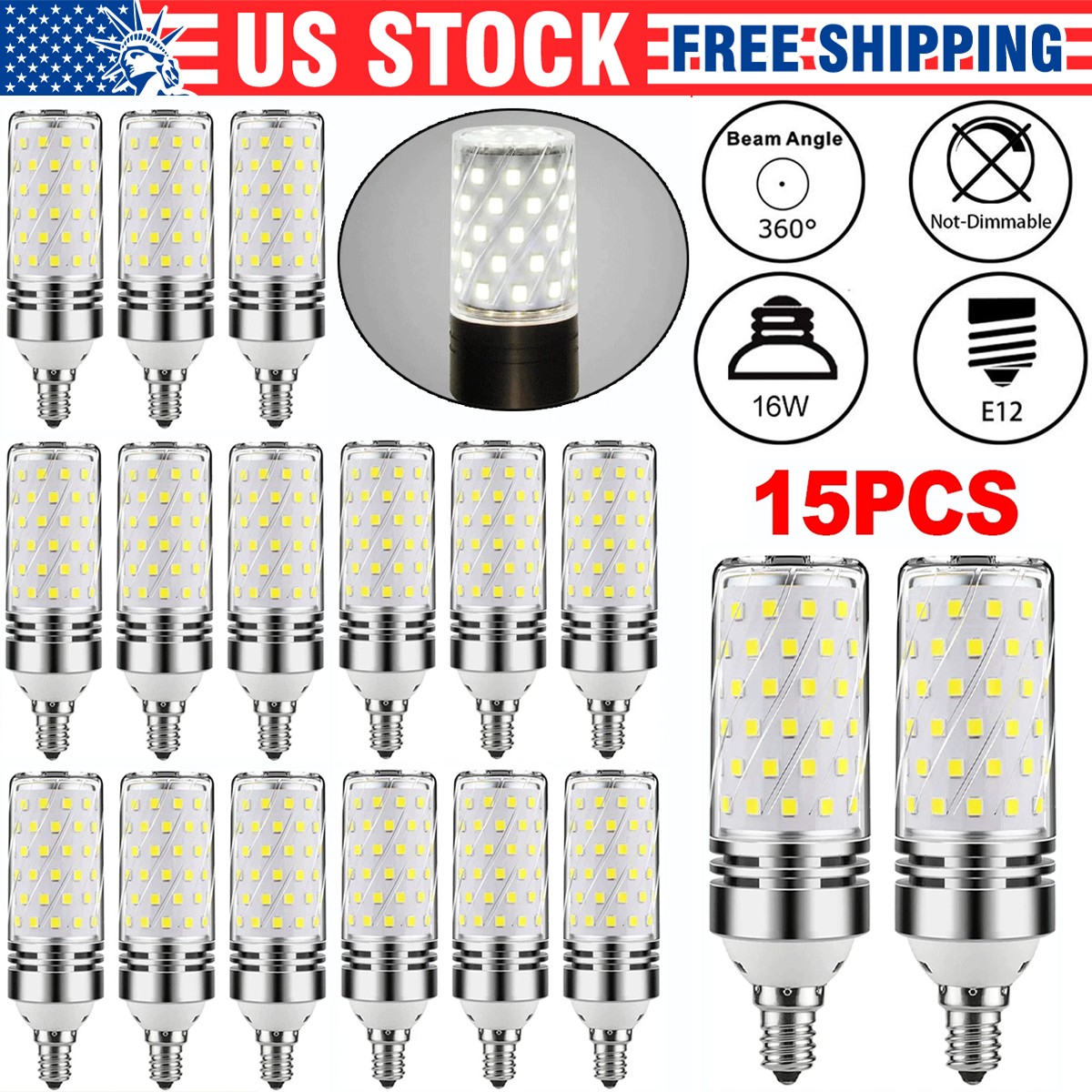 15x 16W E12 LED Corn Bulb Light 6000K Candelabra Ceiling Fan Lamp Daylight White