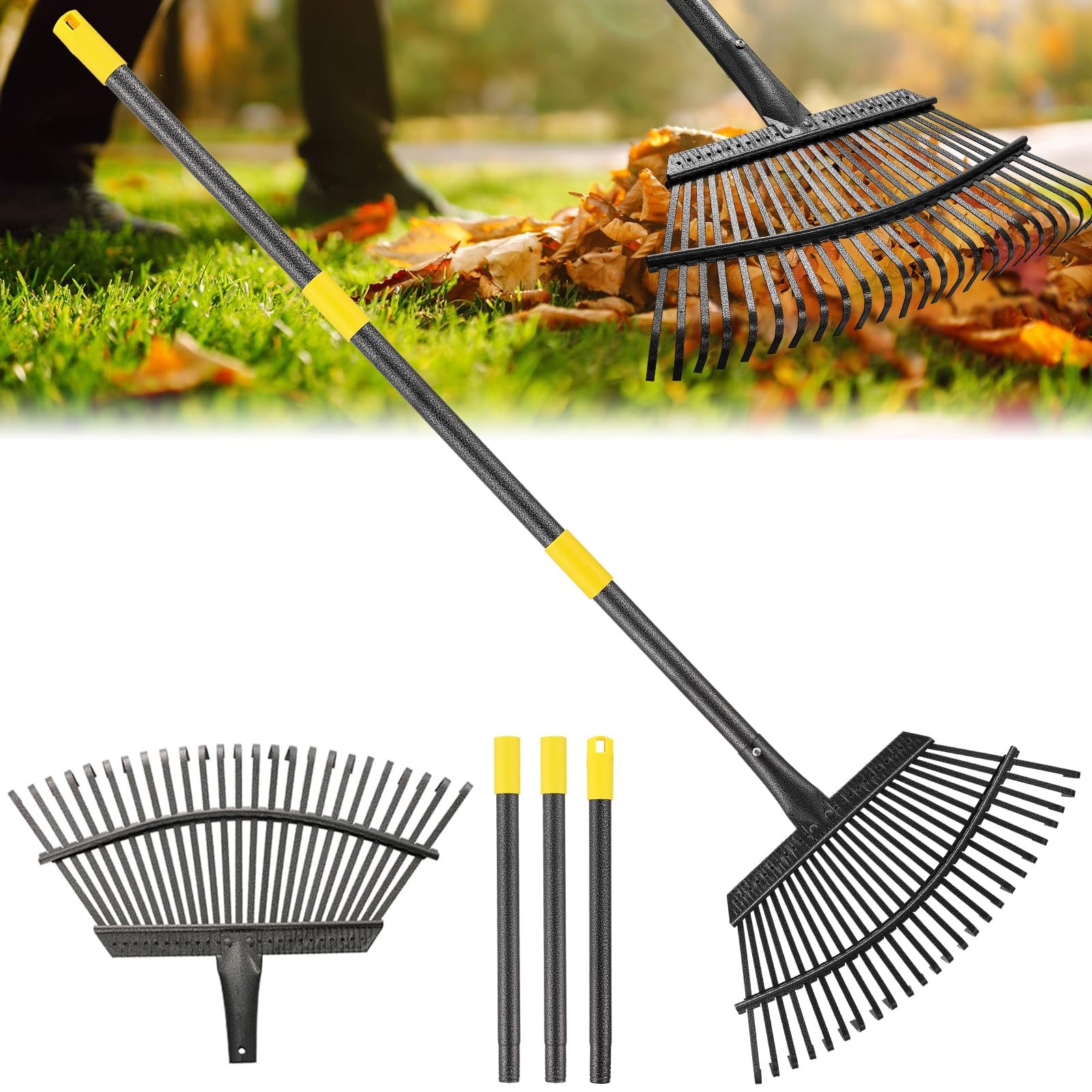 Garden Leaf Rake Heavy Duty Metal 25 Tine 18in Adjustable Handle