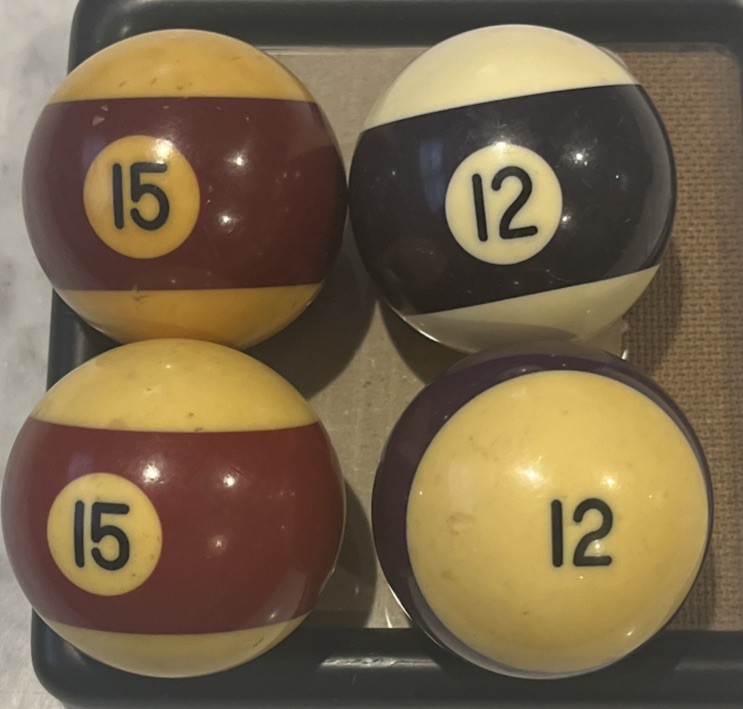 Authentic 4 Vintage Billiard Pool Balls 2 #15 And 2 #12 regulatory size
