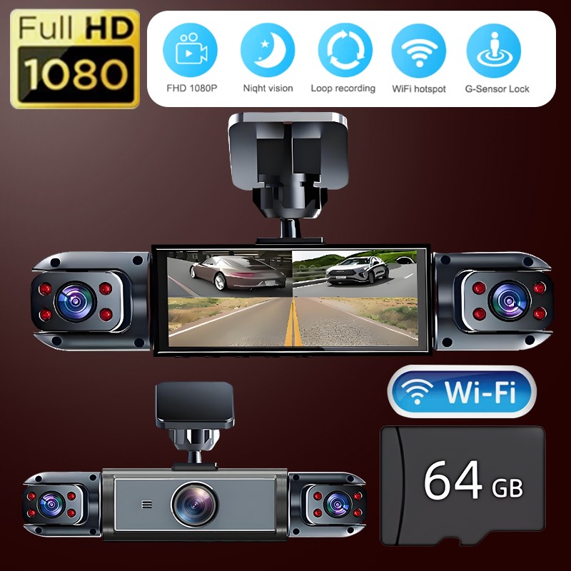 360° 4 Channel 1080P Car Dash Cam Front and Rear Inside Left Right + Camera Wifi
