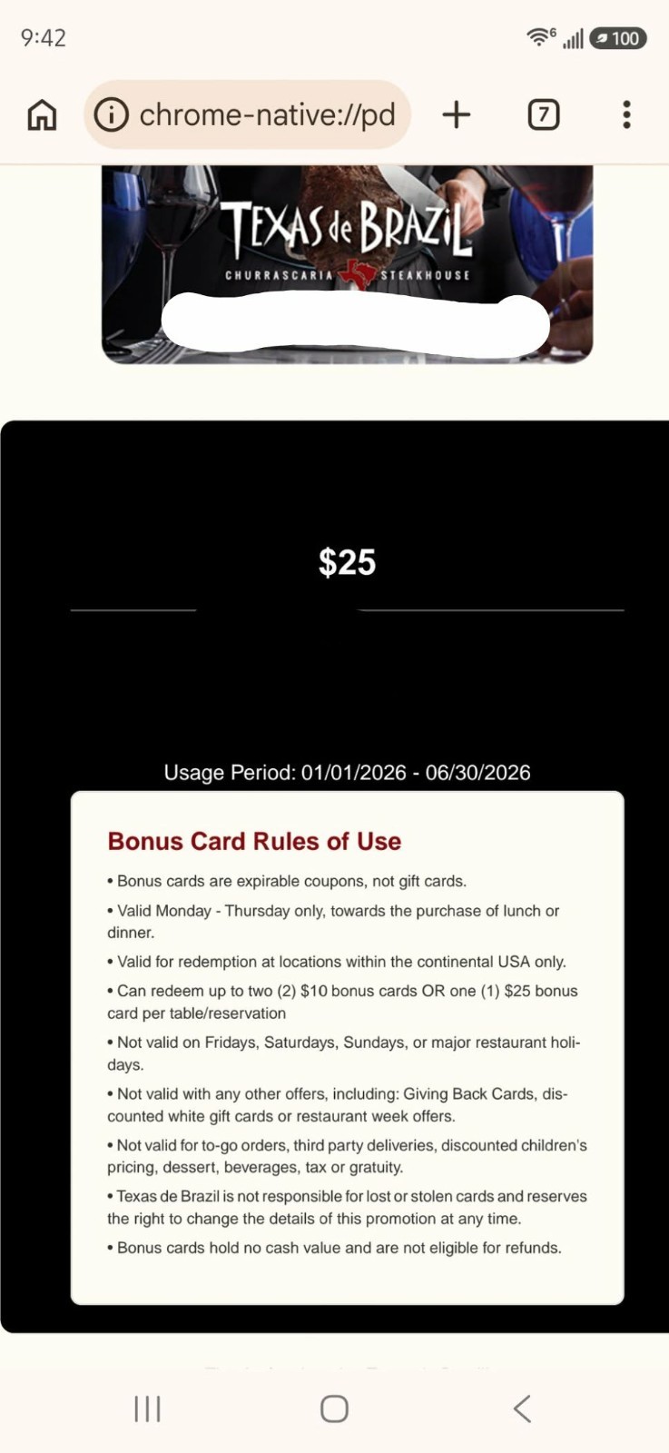 Texas de Brazil $25 Bonus Gift Card US-Continental Use by June 2026