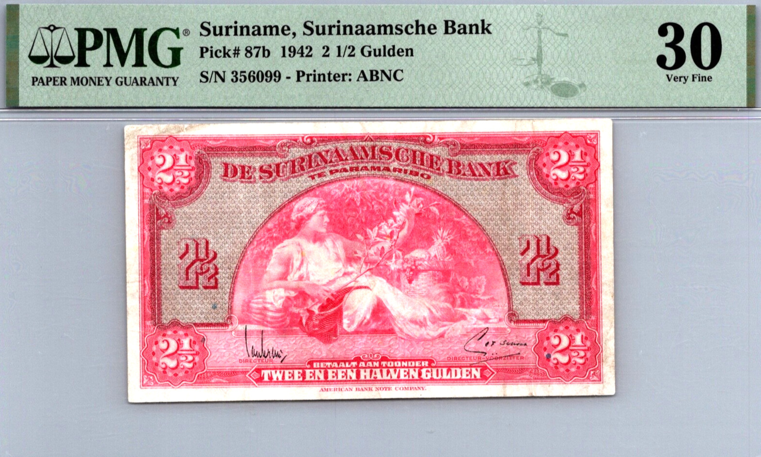 Suriname 2 1/2 Gulden 1942 PMG 30 VERY FINE Pick # 87b