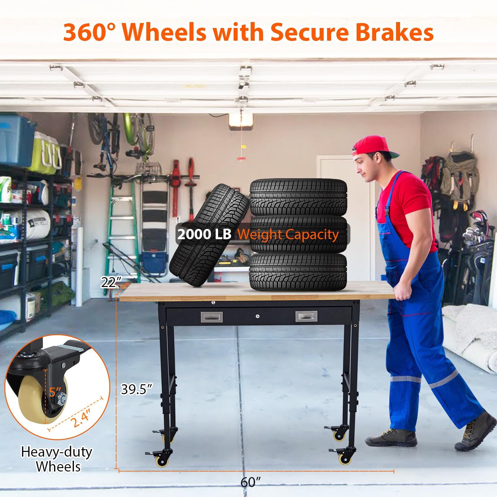 60" Workbench with Drawer Storage Adjustable Height Worktable for Garage Wheels
