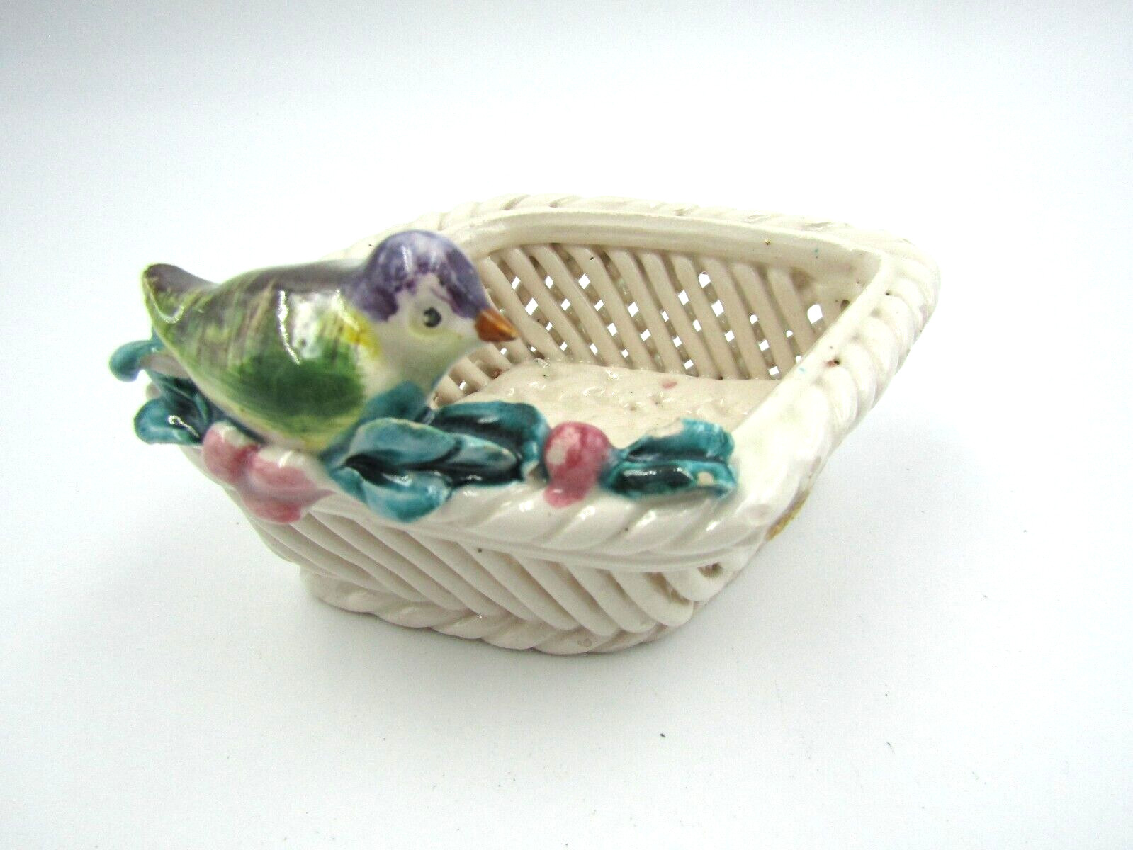 Ceramic Diamond shaped, with Bird Basket 3" tall and 4" dia.