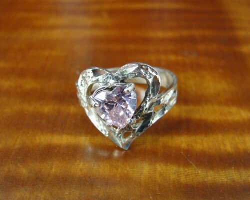 Pink Stone Heart with Texture Sterling Silver 925 RING Size 7