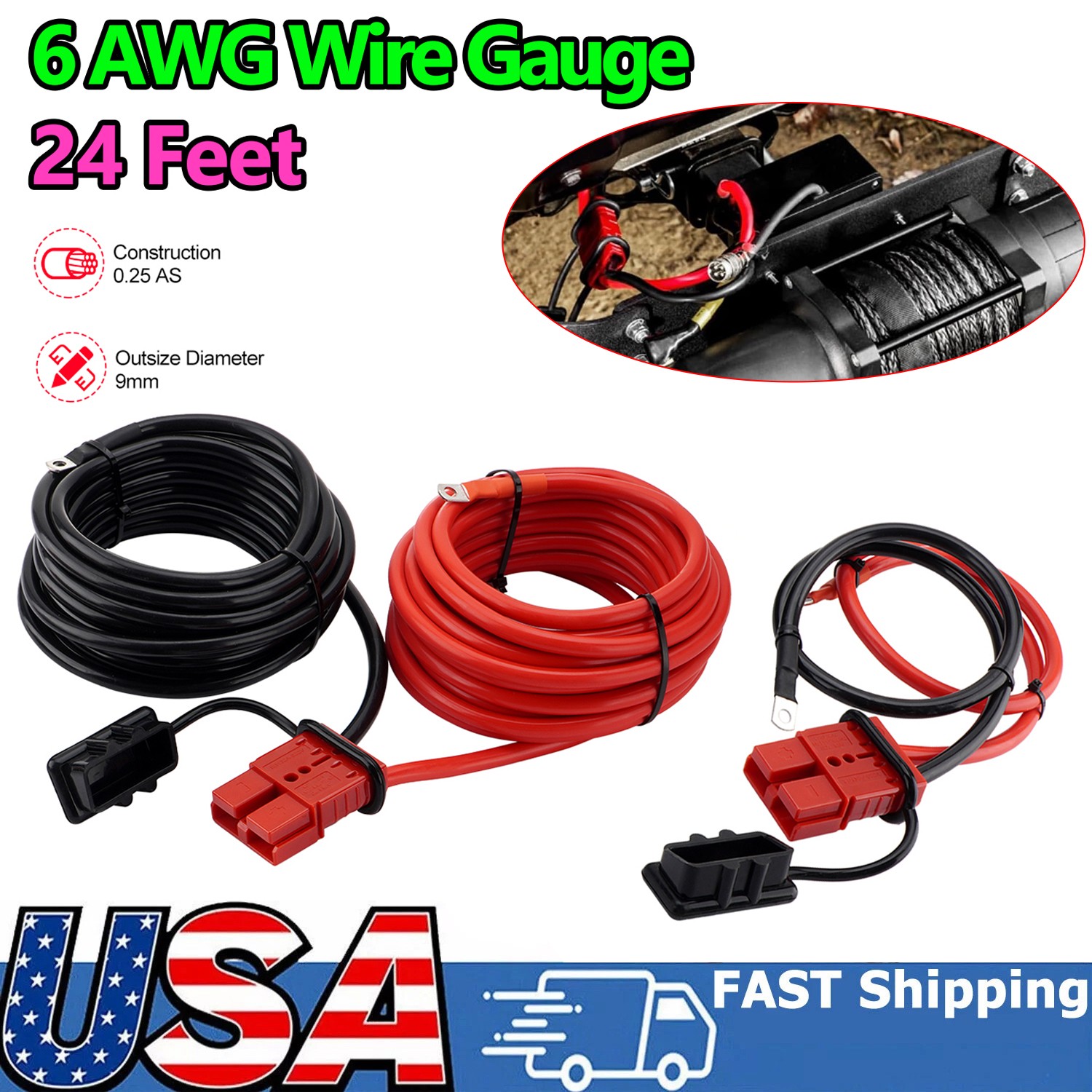 24 FT Quick Disconnect Winch Power Cable, 6 Gauge 6 AWG Wiring For Winch Trailer