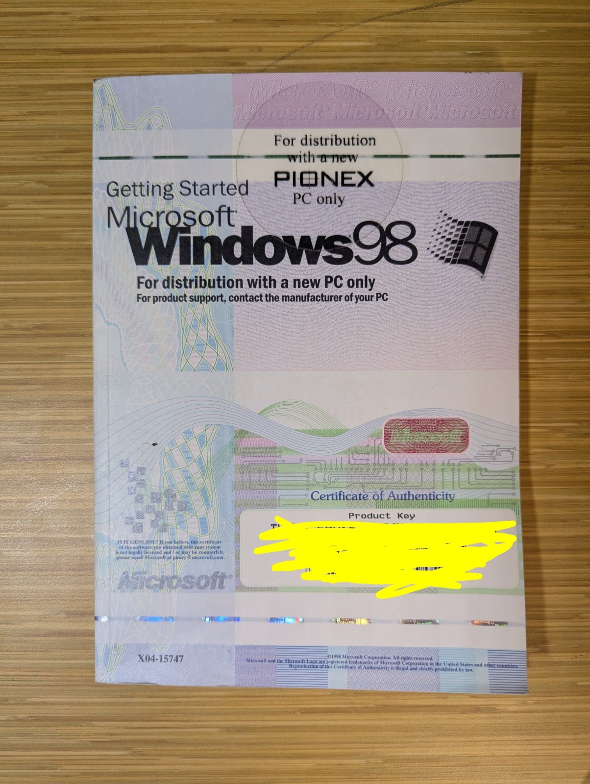 KSE Windows 98 Operating System Certificate Of Authenticity