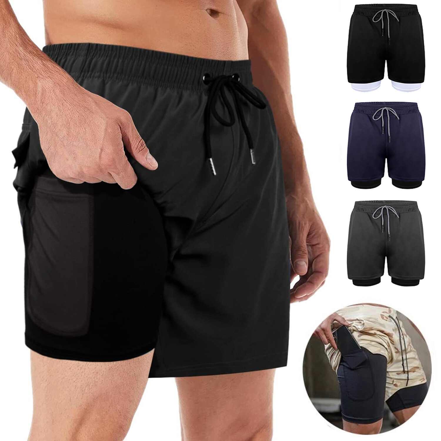 Men 2 in 1 Running Shorts Workout Gym Athletic Shorts Quick Dry Training Shorts