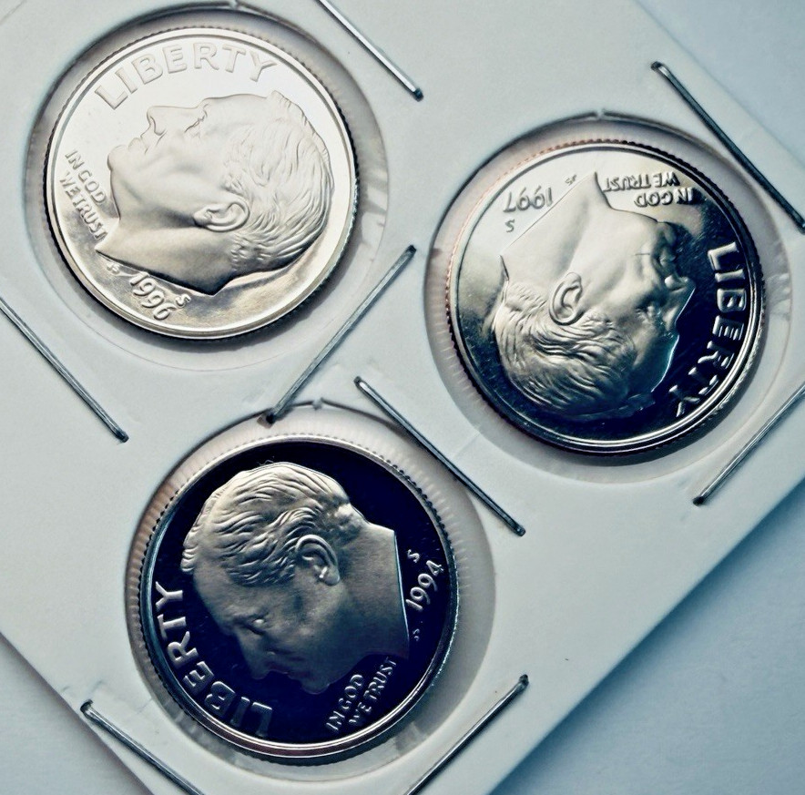 1994-S, 96-S, 97-S US 10c~Fresh rom Proof Set ~ Clad ~ Deep Mirrors~ Nice! ~ J87