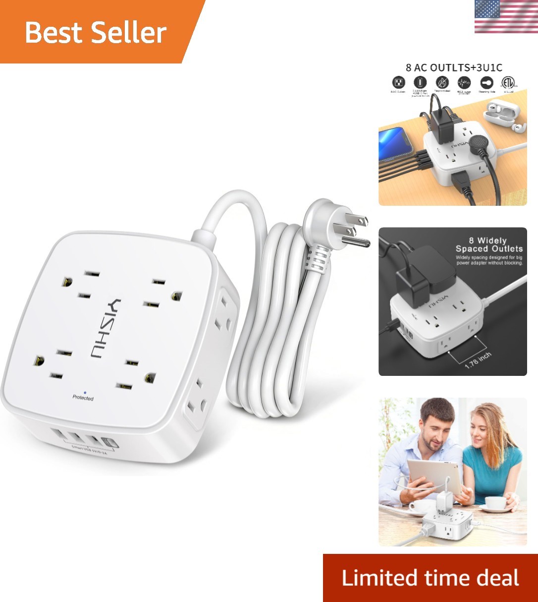 6-Foot Wall-Mount Surge Protector Power Strip: 8 Outlets & 4 USB Ports in White