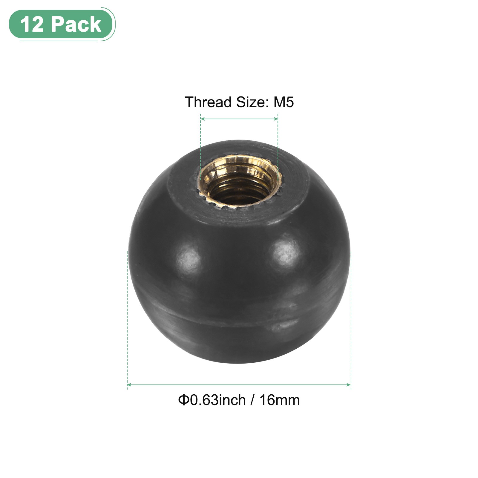 12Pcs Threaded Ball Knobs, M5 16mm Dia. Thermoset Phenolic Brass Handle [Black]