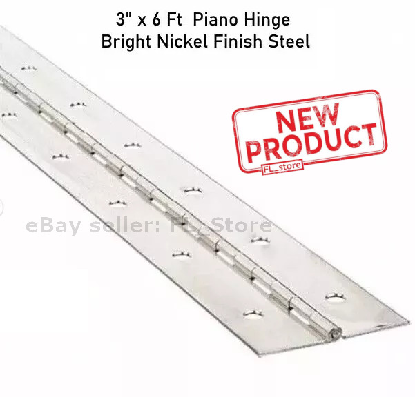 Piano Hinge 3" x 72 in Bright Nickel Finish Steel Continuous Nonremovable Pin