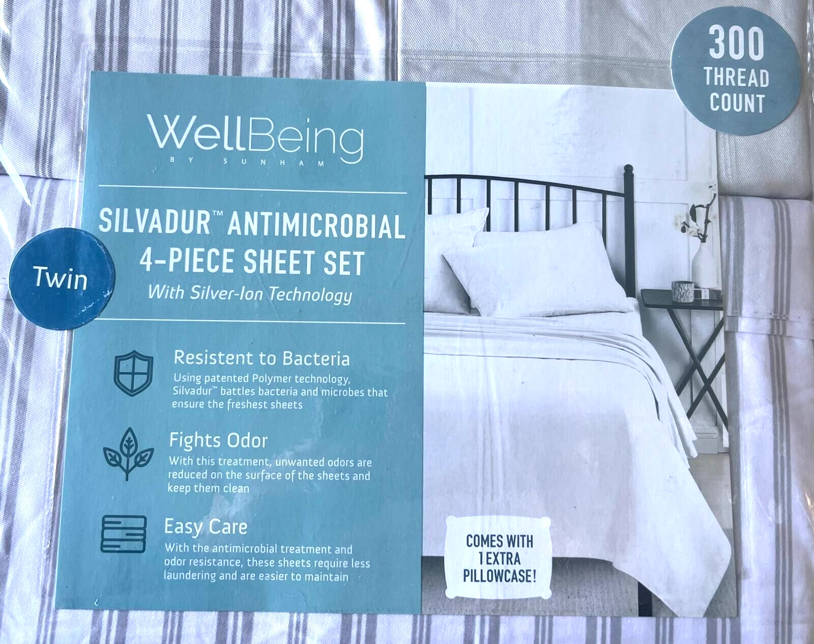 Wellbeing 300 Thread Count 4 Pc. Sheet Set TWIN Resistant to Bacteria Retail $80
