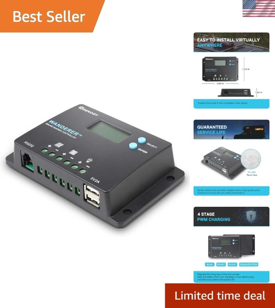 10 Amp 12V/24V Solar Charge Controller - Waterproof with Bluetooth Monitoring