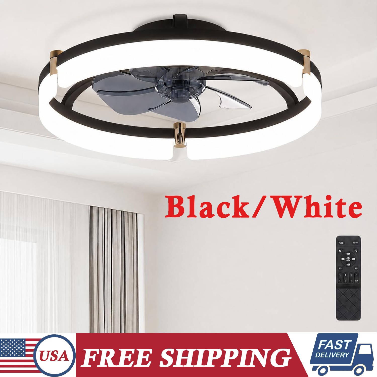 20 Inch Modern Flush Mount LED Ceiling Fans White/Black w Light & Remote Control