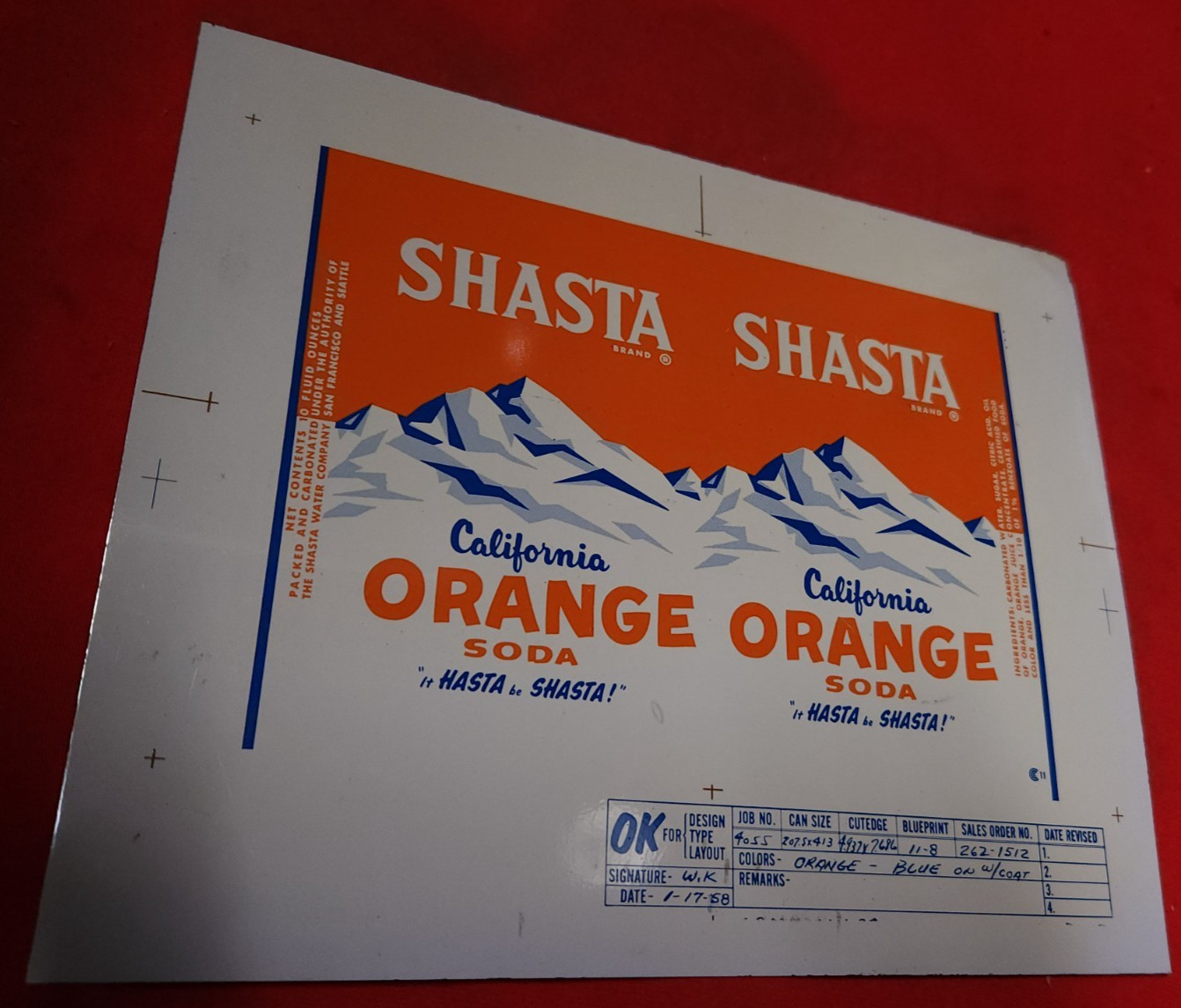 rare CONTINENTAL FLAT CAN SHASTA ORANGE SODA 1950' ART WORK  Museum 10oz 8w5